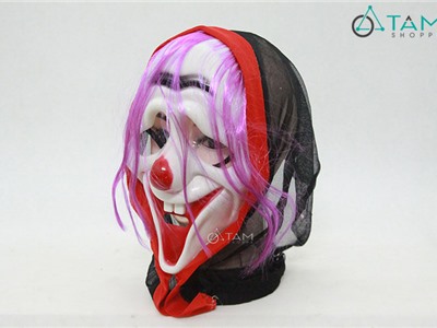 Mặt nạ chú hề kinh dị tóc hồng bằng nhựa HLW-MN-13